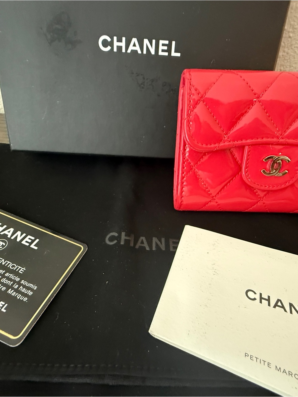 CHANEL Salmon Quilted Patent Leather  Wallet , Dust bag Box Black card